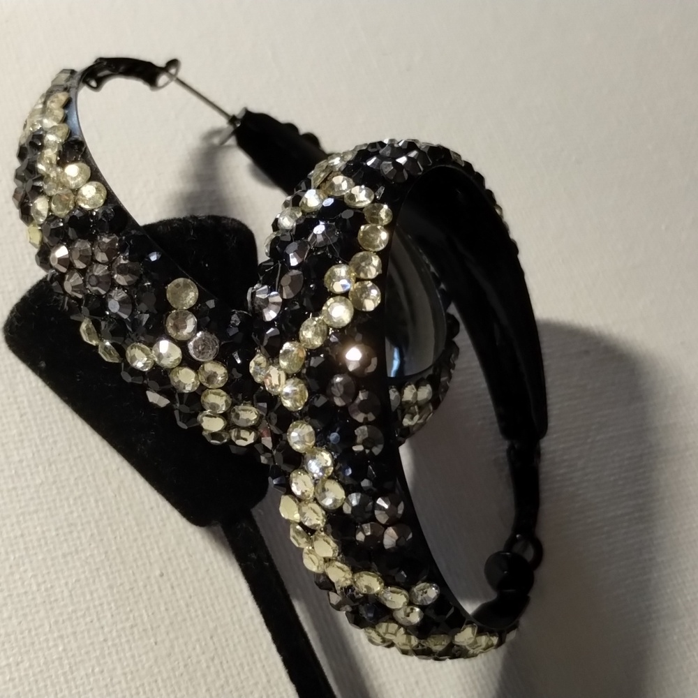 Black, Marqasite and Clear Tiny Rhinestoneson Pierced Hoop Earrings